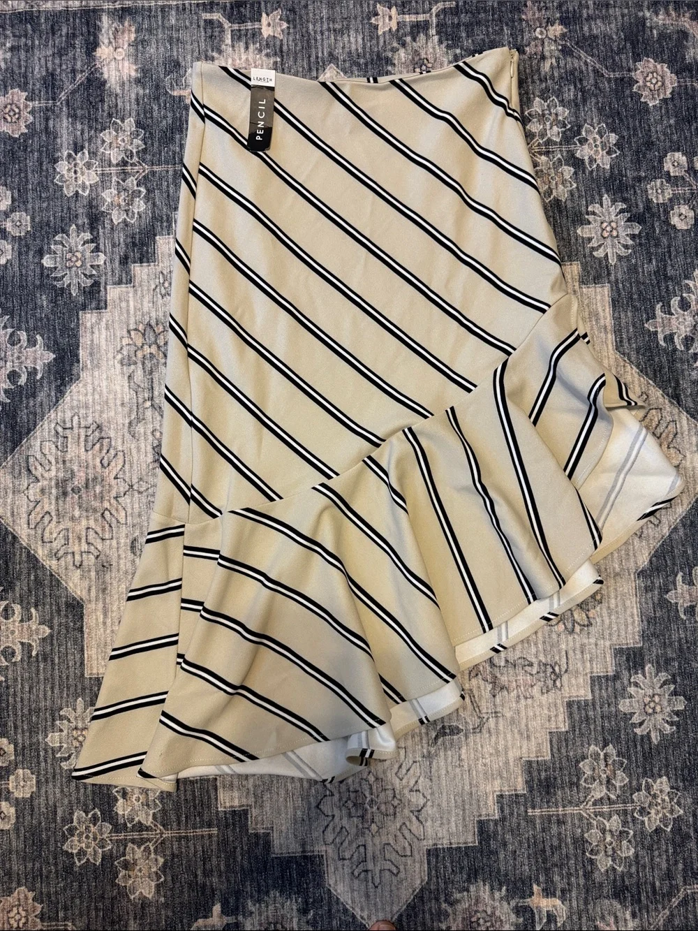 Boom Boom Jeans Cream and Black Striped Pencil Skirt with Ruffle Hem